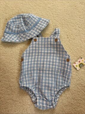 Infant Boys Little Me 100%Cotton Blue Gingham Romper with Matching Sun Hat